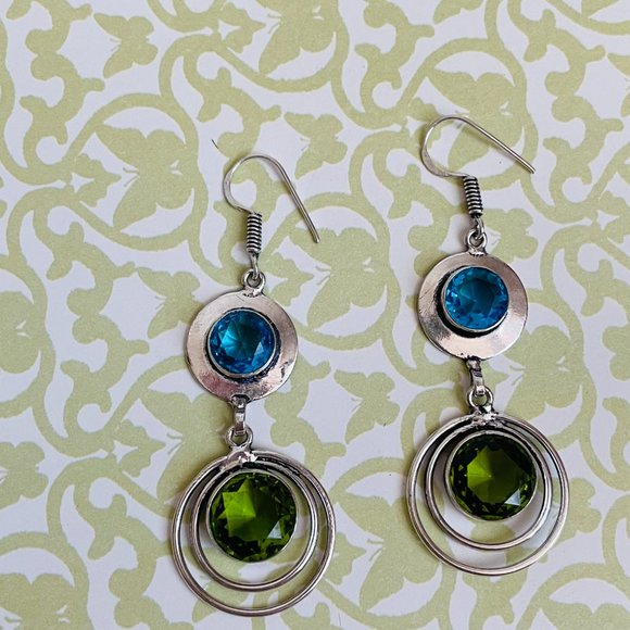 Blue Topaz/Peridot Gemstone 925 Sterling Silver Plated Artisan Dangle Earrings - Picture 5 of 7